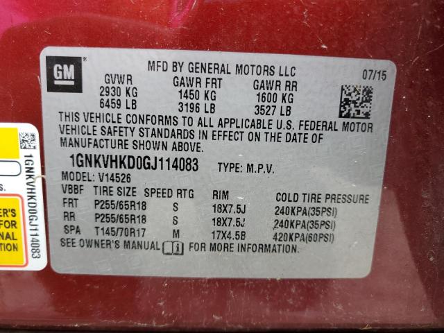 1GNKVHKD0GJ114083 - 2016 CHEVROLET TRAVERSE LT 勃艮第红 照片 13