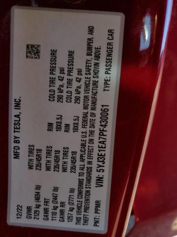 5YJ3E1EA7PF430061 - 2023 TESLA MODEL 3 Կարմիր լուսանկար 12
