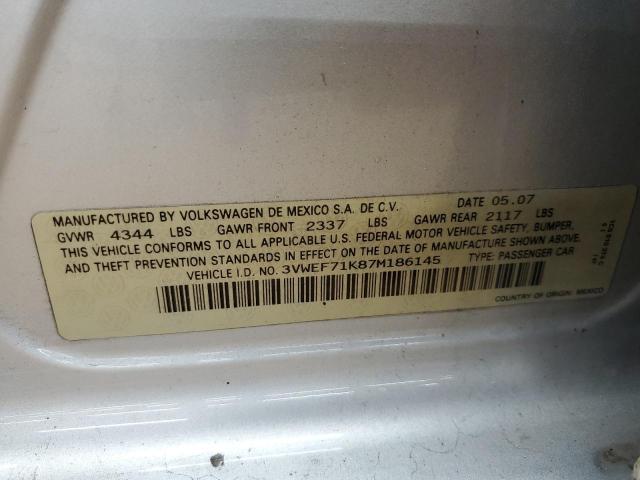3VWEF71K87M186145 - 2007 VOLKSWAGEN JETTA WOLFSBURG 银色 照片 12
