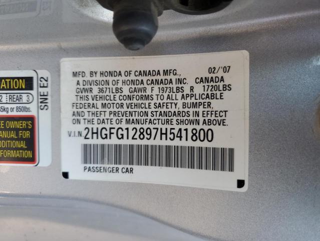 2HGFG12897H541800 - 2007 HONDA CIVIC EX SILVER photo 12