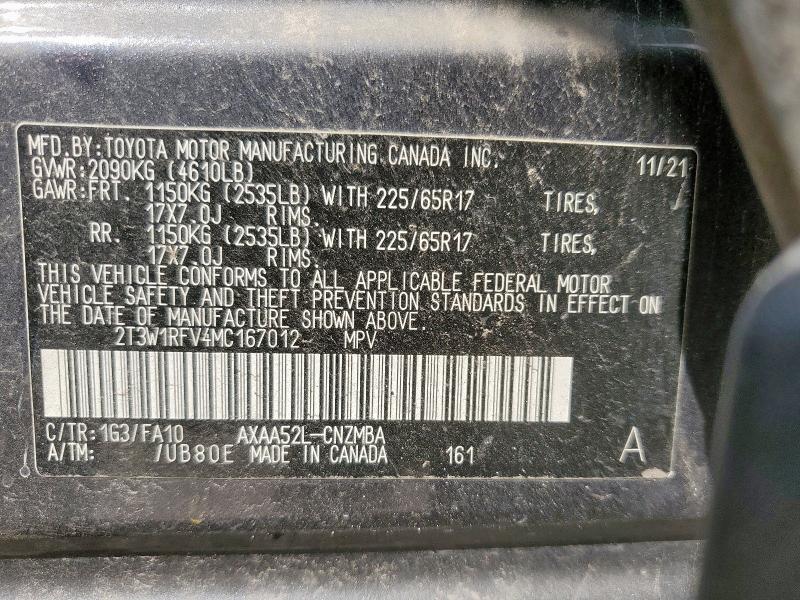 2T3W1RFV4MC167012 - 2021 TOYOTA RAV4 XLE GRAY photo 14