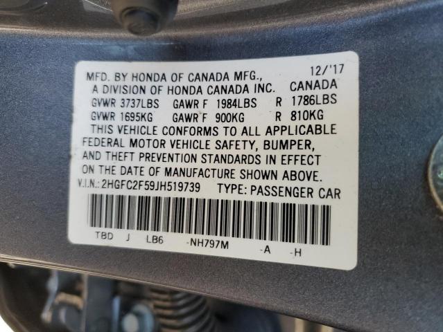 2HGFC2F59JH519739 - 2018 HONDA CIVIC LX GRAY photo 12