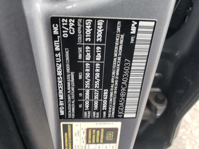 4JGDA5HB9CA036037 - 2012 MERCEDES-BENZ ML 350 4MATIC GRAY photo 12