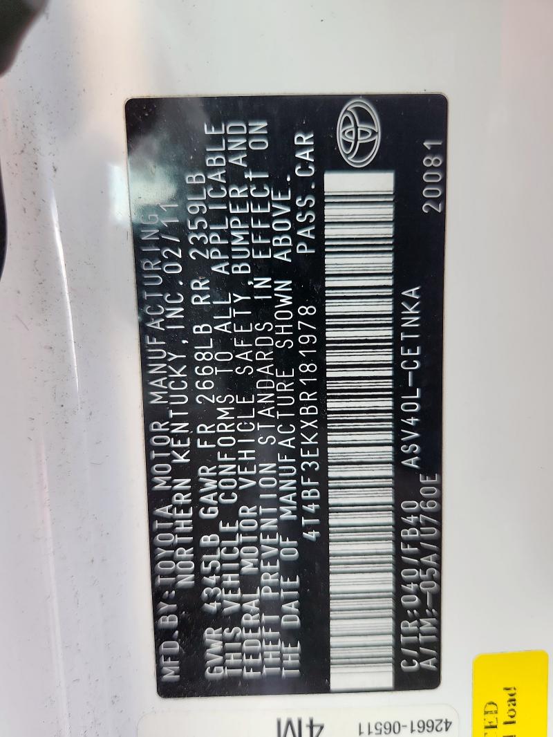 4T4BF3EKXBR181978 - 2011 TOYOTA CAMRY BASE Білий фото 12