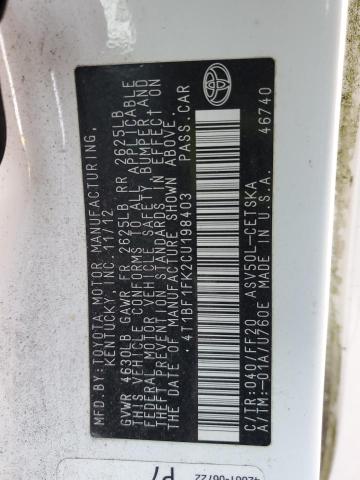 4T1BF1FK2CU198403 - 2012 TOYOTA CAMRY BASE Blanco foto 12