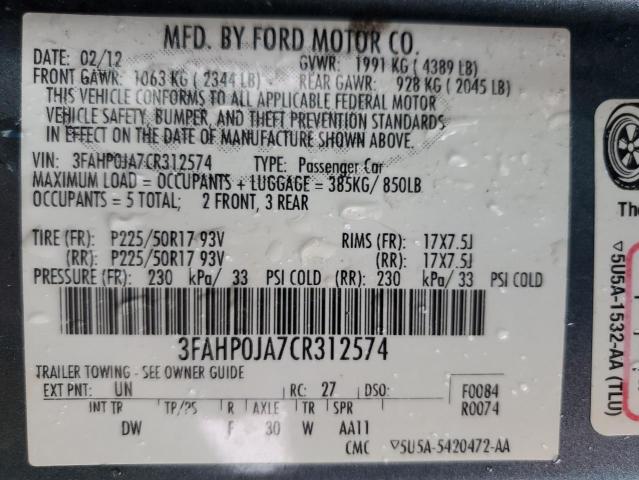 3FAHP0JA7CR312574 - 2012 FORD FUSION SEL BLUE photo 12