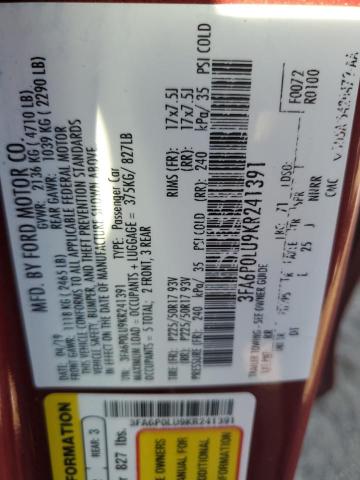 3FA6P0LU9KR241391 - 2019 FORD FUSION SE RED photo 13