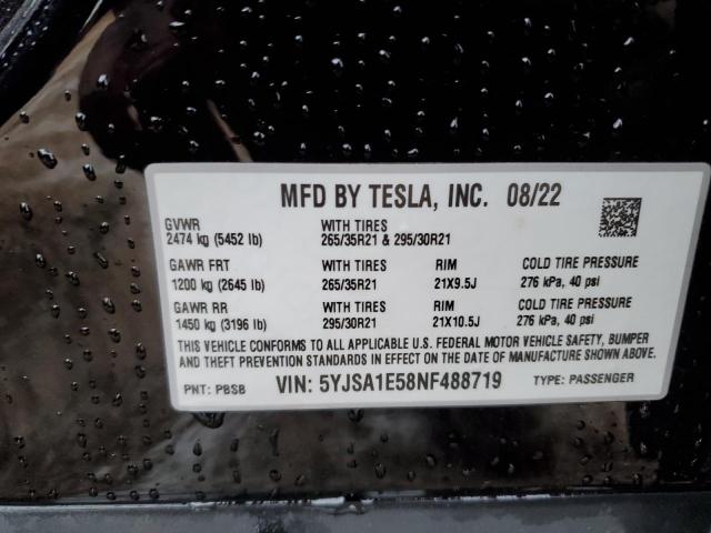 5YJSA1E58NF488719 - 2022 TESLA MODEL S 黑色 照片 12