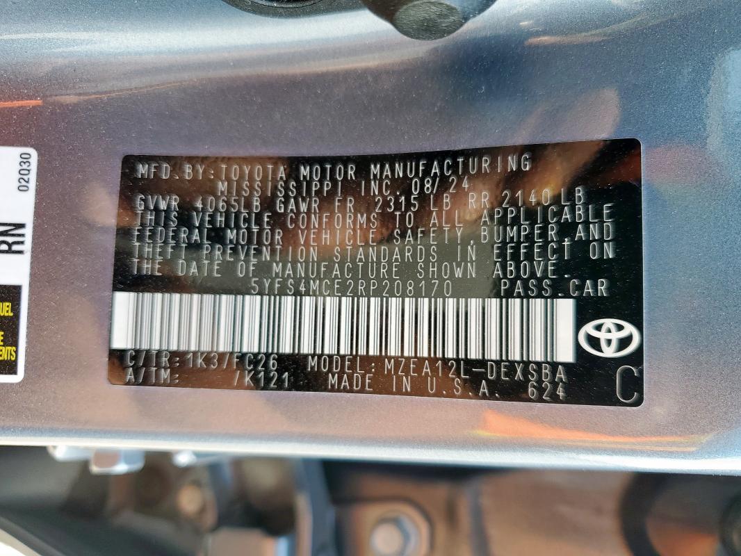 5YFS4MCE2RP208170 - 2024 TOYOTA COROLLA SE ნაცრისფერი ფოტო 12