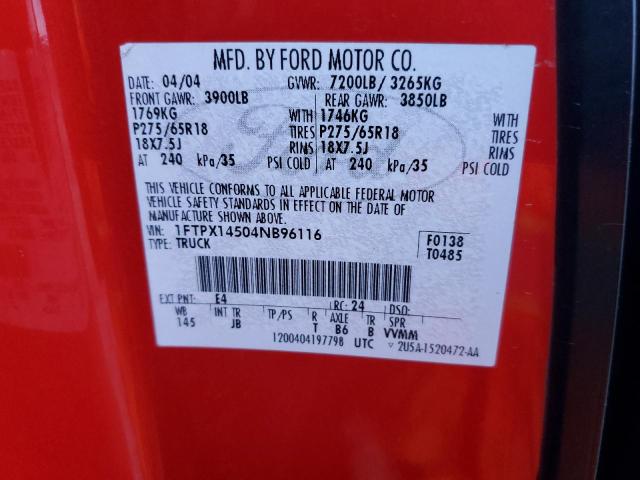 1FTPX14504NB96116 - 2004 FORD F150 RED photo 12