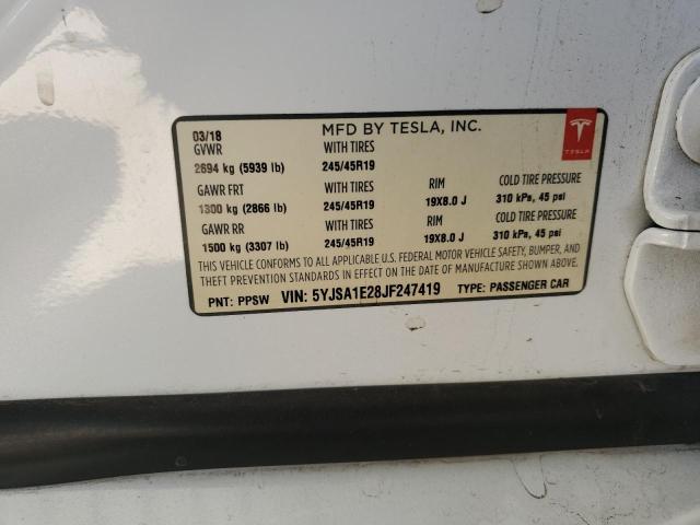 5YJSA1E28JF247419 - 2018 TESLA MODEL S თეთრი ფოტო 13