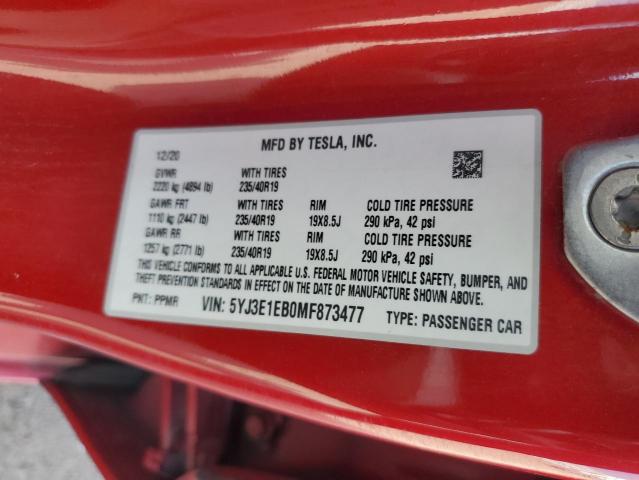 5YJ3E1EB0MF873477 - 2021 TESLA MODEL 3 Rojo foto 12
