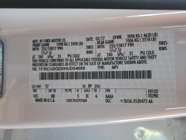 1FMCU0GD0HUD54689 - 2017 FORD ESCAPE SE WHITE photo 12