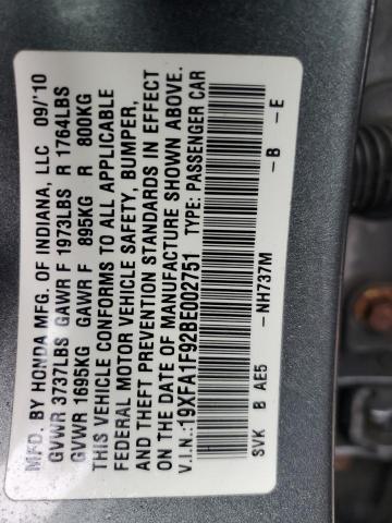 19XFA1F92BE002751 - 2011 HONDA CIVIC EXL ნაცრისფერი ფოტო 12