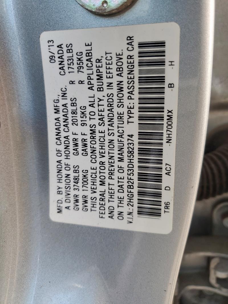 2HGFB2F53DH582374 - 2013 HONDA CIVIC LX SILVER photo 12