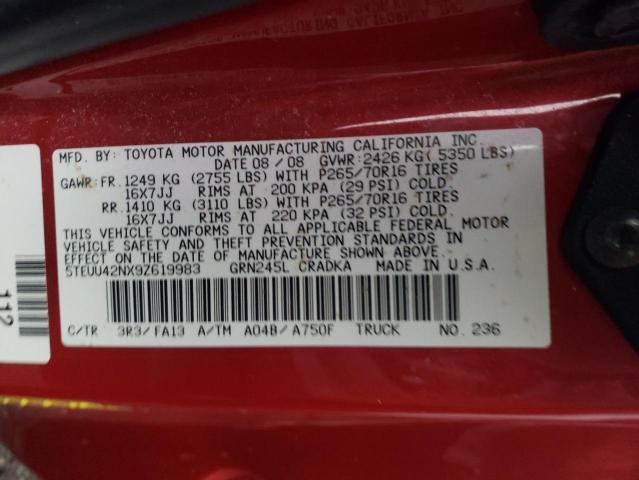 5TEUU42NX9Z619983 - 2009 TOYOTA TACOMA ACCESS CAB RED photo 13