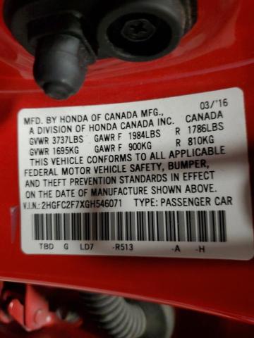 2HGFC2F7XGH546071 - 2016 HONDA CIVIC EX RED photo 12