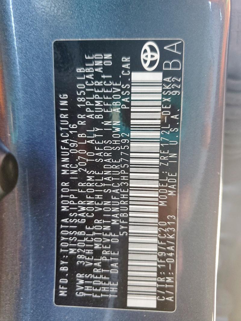 5YFBURHE3HP577592 - 2017 TOYOTA COROLLA L BLUE photo 12