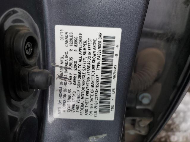 2HGFC2F64KH538337 - 2019 HONDA CIVIC LX GRAY photo 12