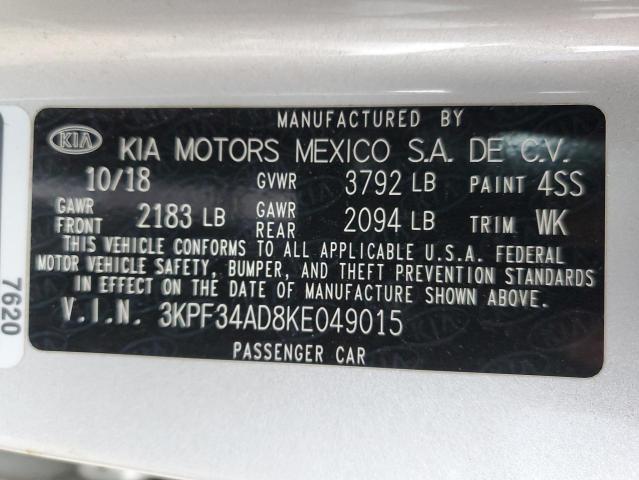 3KPF34AD8KE049015 - 2019 KIA FORTE GT LINE SILVER photo 13