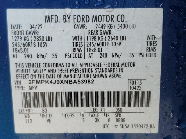 2FMPK4J9XNBA53982 - 2022 FORD EDGE SEL BLUE photo 14