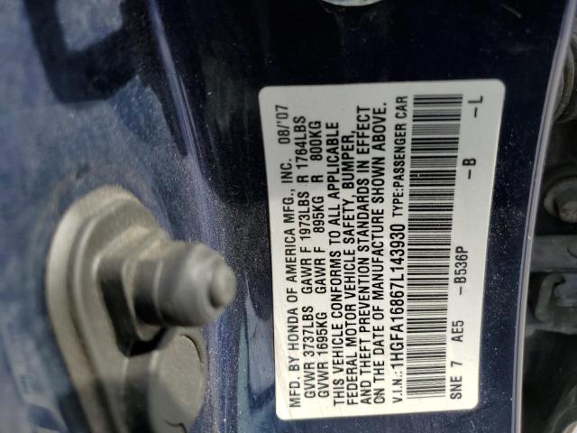 1HGFA16867L143930 - 2007 HONDA CIVIC EX BLUE photo 12