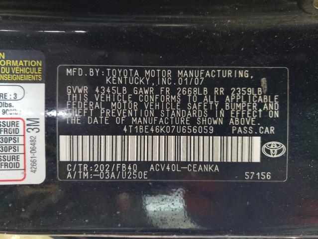 4T1BE46K07U656059 - 2007 TOYOTA CAMRY CE BLACK photo 13