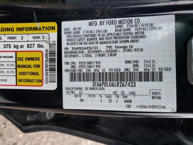 3FA6P0LU6LR267433 - 2020 FORD FUSION SE BLUE photo 12