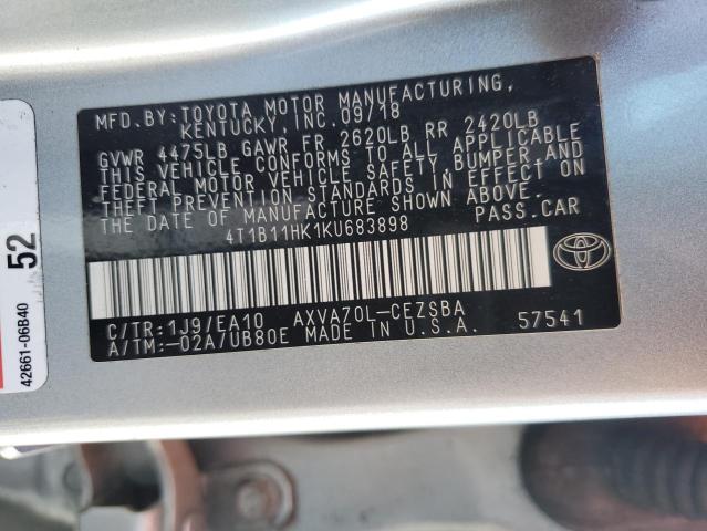 4T1B11HK1KU683898 - 2019 TOYOTA CAMRY L ვერცხლისფერი ფოტო 12