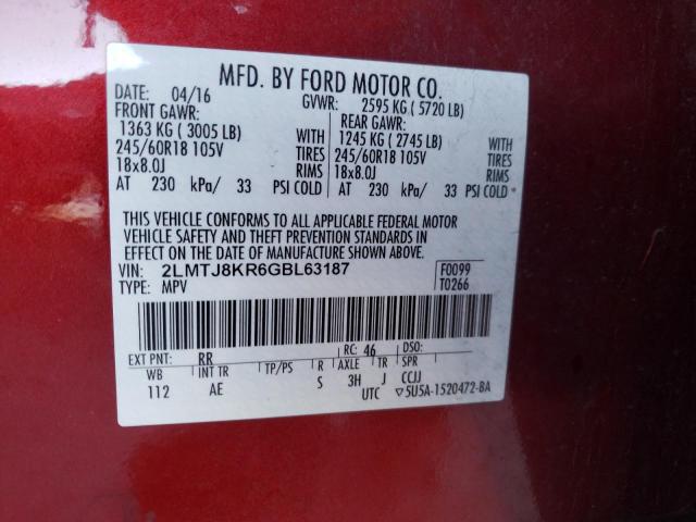 2LMTJ8KR6GBL63187 - 2016 LINCOLN MKX SELECT RED photo 13