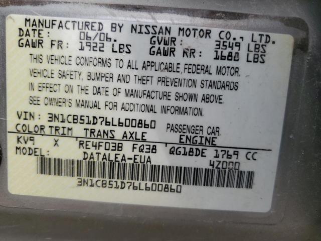 3N1CB51D76L600860 - 2006 NISSAN SENTRA 1.8 SILVER photo 12