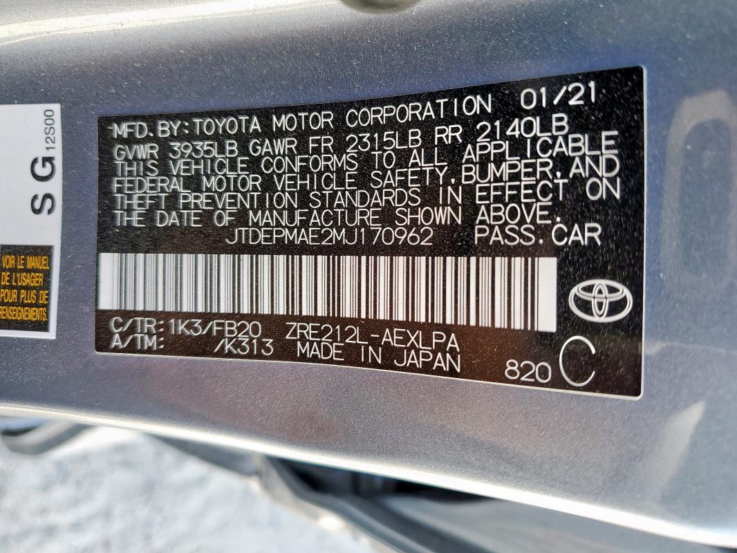 JTDEPMAE2MJ170962 - 2021 TOYOTA COROLLA LE Mavi foto 12