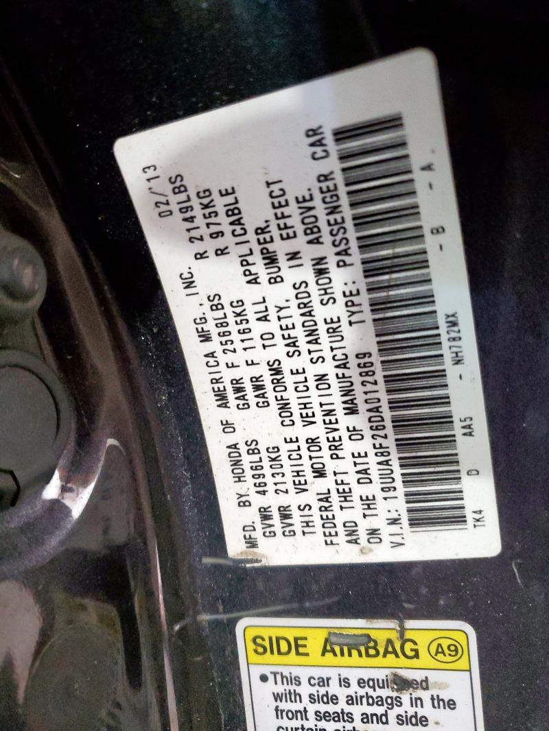 19UUA8F26DA012869 - 2013 ACURA TL შავი ფოტო 12