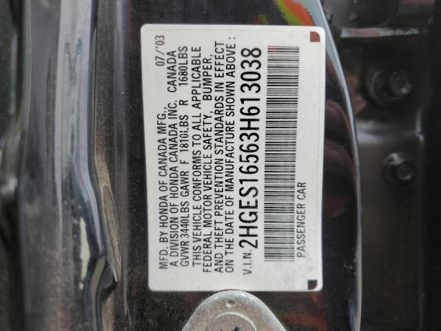 2HGES16563H613038 - 2003 HONDA CIVIC LX BLACK photo 12