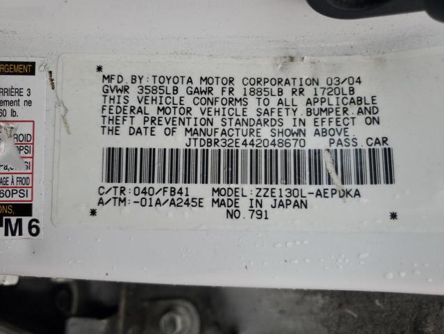 JTDBR32E442048670 - 2004 TOYOTA COROLLA CE WHITE photo 12