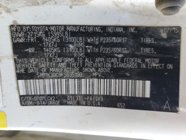 5TDYK3DC9FS635193 - 2015 TOYOTA SIENNA XLE WHITE photo 13