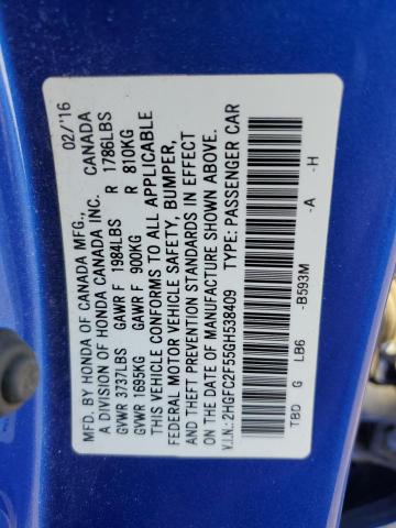 2HGFC2F55GH538409 - 2016 HONDA CIVIC LX BLUE photo 12