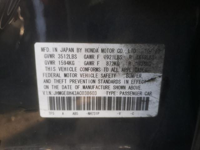 JHMGE8H43AC038603 - 2010 HONDA FIT SPORT BLACK photo 12