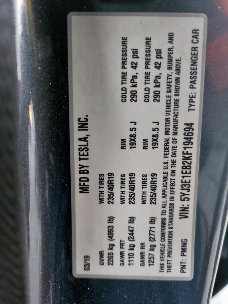 5YJ3E1EB2KF194694 - 2019 TESLA MODEL 3 Մոխրագույն լուսանկար 13