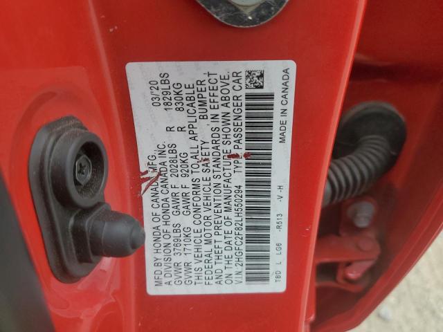 2HGFC2F82LH550294 - 2020 HONDA CIVIC SPORT RED photo 12
