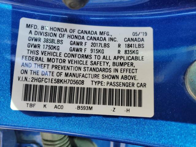 2HGFC1E58KH705608 - 2019 HONDA CIVIC SI BLUE photo 12