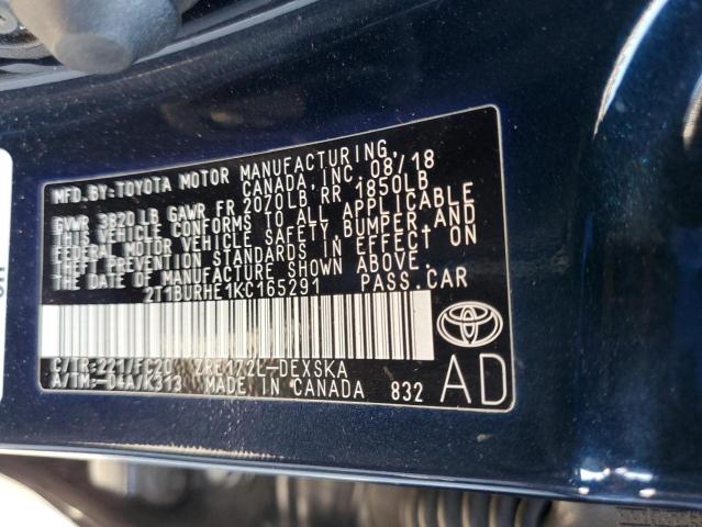 2T1BURHE1KC165291 - 2019 TOYOTA COROLLA L Blau Foto 12