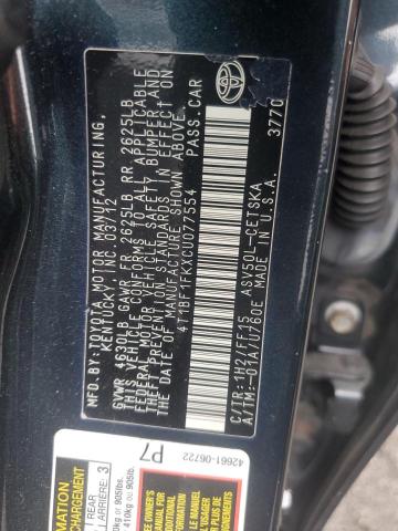 4T1BF1FKXCU077554 - 2012 TOYOTA CAMRY BASE BLACK photo 12