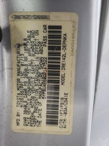 5YFBU4EE0DP147522 - 2013 TOYOTA COROLLA BASE Արծաթագույն լուսանկար 12