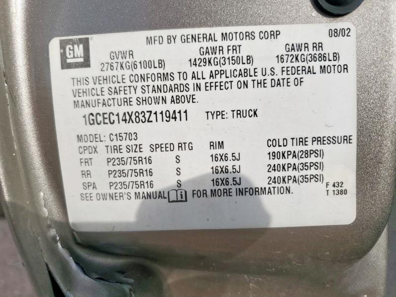 1GCEC14X83Z119411 - 2003 CHEVROLET SILVERADO C1500 TAN photo 12