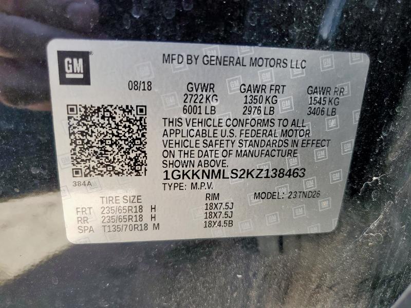 1GKKNMLS2KZ138463 - 2019 GMC ACADIA SLT-1 أسود صورة 14