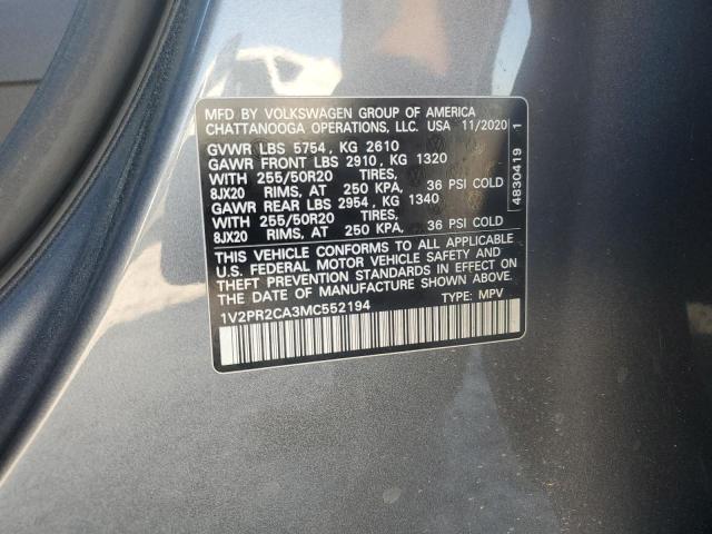 1V2PR2CA3MC552194 - 2021 VOLKSWAGEN ATLAS SE Gris foto 13