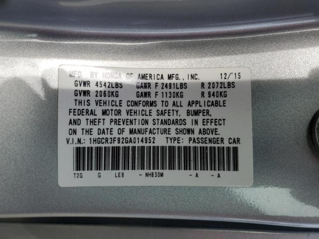 1HGCR3F92GA014952 - 2016 HONDA ACCORD TOURING SILVER photo 12