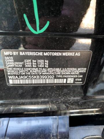 WBAJA9C55KB399392 - 2019 BMW 530E BLACK photo 12