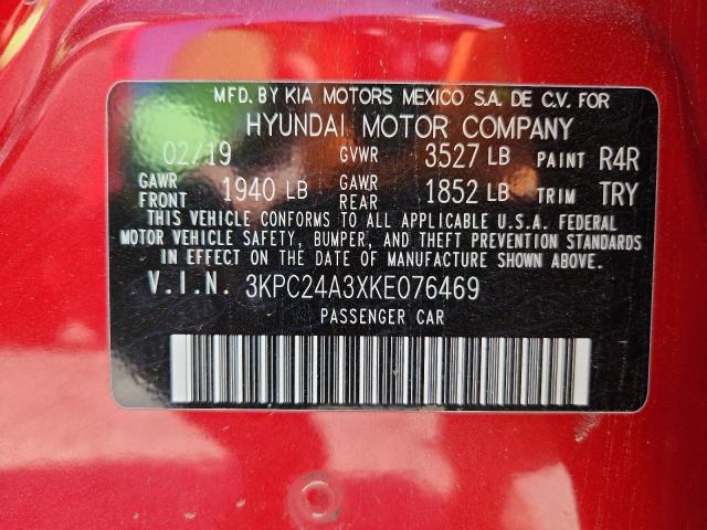 3KPC24A3XKE076469 - 2019 HYUNDAI ACCENT SE წითელი ფოტო 12